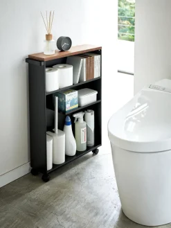 Armarios De Baño|Estanterías De Baño>Yamazaki Estantería de baño con ruedas Tower Estructura: negroTablero: madera oscuraRuedas: negro