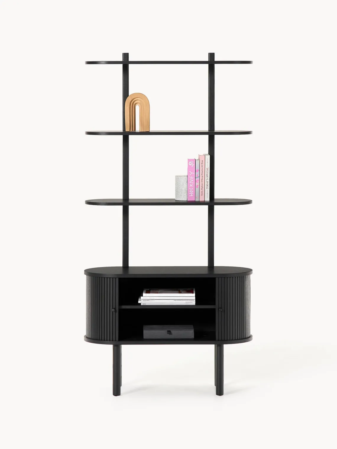 Librerías|Estanterías>Westwing Collection Estantería pequeña con frente acanalado Calary Madera de roble lacada en negro