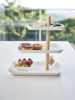 Tarteras|Vajillas Completas>Yamazaki Fuente de metal Tower Blanco, madera de fresno clara
