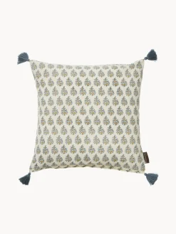 Cojines Decorativos|Mantas>Bungalow Funda de cojín artesanal con diseño floral Honey Off White, tonos azules y amarillos