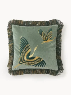 Mantas|Cojines Decorativos>Westwing Collection Funda de cojín bordada de terciopelo con flecos Onyx