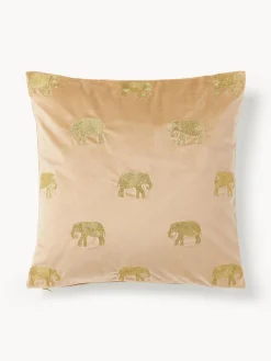 Cojines Decorativos|Mantas>Westwing Collection Funda de cojín bordada de terciopelo Elefco Beige, dorado