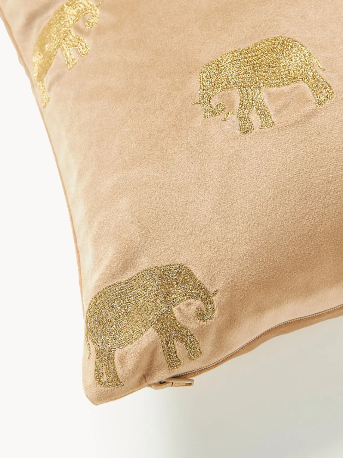 Cojines Decorativos|Mantas>Westwing Collection Funda de cojín bordada de terciopelo Elefco Beige, dorado
