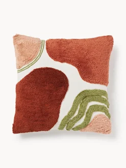 Mantas|Cojines Decorativos>Westwing Collection Funda de cojín capitoné con mechones decorativos Coraline Tonos rojos, verde, lanco crema