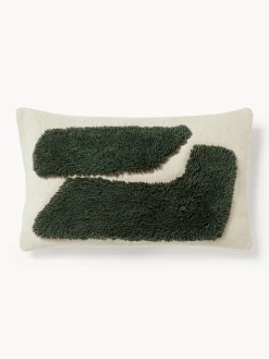 Cojines Decorativos|Mantas>Westwing Collection Funda de cojín con estampado abstracto Flick Verde oscuro, blanco crema