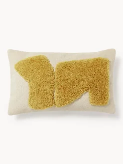 Cojines Decorativos|Mantas>Westwing Collection Funda de cojín con estampado abstracto Flick Amarillo mostaza, blanco crema