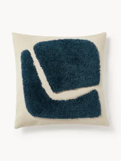 Cojines Decorativos|Mantas>Westwing Collection Funda de cojín con estampado abstracto Flick Azul oscuro, blanco crema