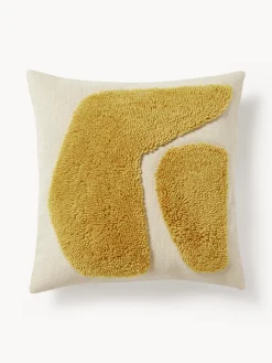 Cojines Decorativos|Mantas>Westwing Collection Funda de cojín con estampado abstracto Flick Amarillo mostaza, blanco crema