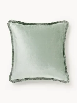 Mantas|Cojines Decorativos>Westwing Collection Funda de cojín con flecos Nikita Verde salvia