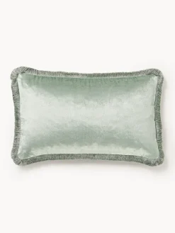 Mantas|Cojines Decorativos>Westwing Collection Funda de cojín con flecos Nikita Verde salvia