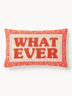 Mantas|Cojines Decorativos>Westwing Collection Funda de cojín con inscripción bordada Whatever Rojo coral, blanco Off White