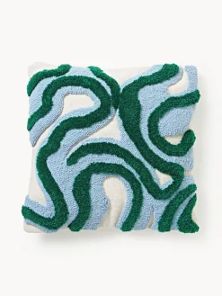 Mantas|Cojines Decorativos>Westwing Collection Funda de cojín con tejido capitoné Jiri Blanco Off White, verde oscuro, azul claro