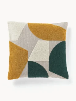 Mantas|Cojines Decorativos>Westwing Collection Funda de cojín de algodón estampado abstracto Nomi Amarillo mostaza, verde oscuro, blanco Off White, greige