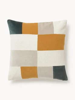 Cojines Decorativos|Cojines Decorativos>Westwing Collection Funda de cojín de algodón Ponty Amarillo mostaza, blanco Off White, beige claro, gris oscuro