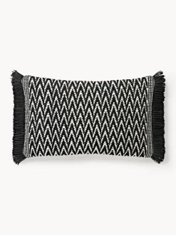 Cojines De Exterior|Cojines Decorativos>Westwing Collection Funda de cojín de exterior con tejido estampado y flecos Suria Negro, blanco Off White