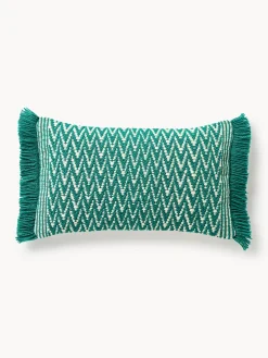 Mantas|Cojines De Exterior>Westwing Collection Funda de cojín de exterior con tejido estampado y flecos Suria Verde turquesa, blanco Off White