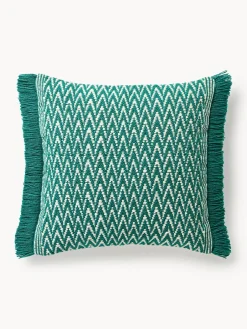 Mantas|Cojines De Exterior>Westwing Collection Funda de cojín de exterior con tejido estampado y flecos Suria Verde turquesa, blanco Off White