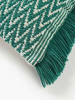 Mantas|Cojines De Exterior>Westwing Collection Funda de cojín de exterior con tejido estampado y flecos Suria Verde turquesa, blanco Off White