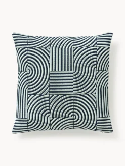 Cojines Decorativos|Mantas>Westwing Collection Funda de cojín de lino con estampado gráfico Lexi Azul oscuro, azul claro