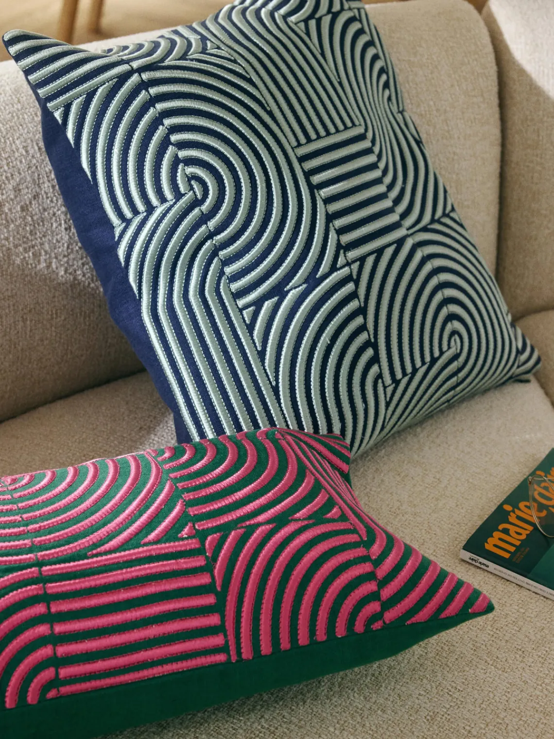 Cojines Decorativos|Mantas>Westwing Collection Funda de cojín de lino con estampado gráfico Lexi Azul oscuro, azul claro