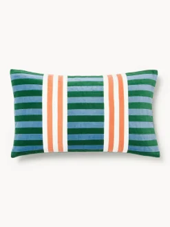 Mantas|Cojines Decorativos>Westwing Collection Funda de cojín de patchwork de terciopelo Tete Azul, verde oscuro, melocotón, blanco Off White