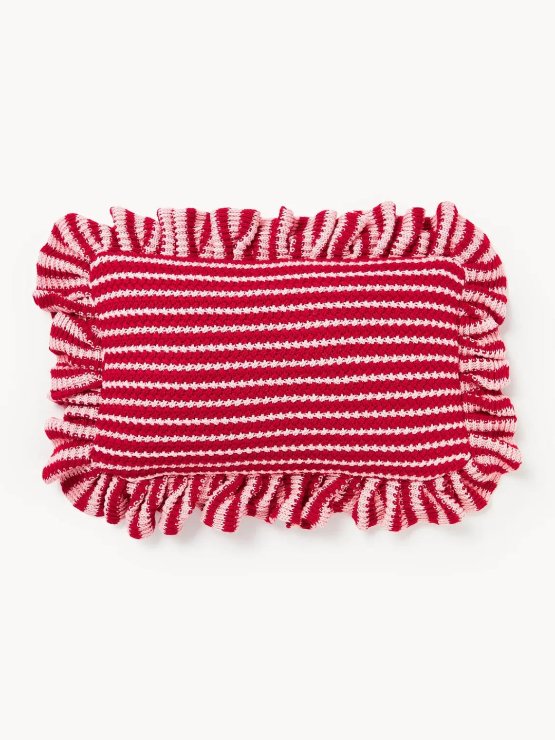 Cojines Decorativos|Mantas>Westwing Collection Funda de cojín de punto a rayas con volantes Blaise Rojo, rosa claro