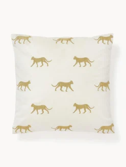 Mantas|Cojines Decorativos>Westwing Collection Funda de cojín de terciopelo bordada Cheetah Blanco Off White, dorado