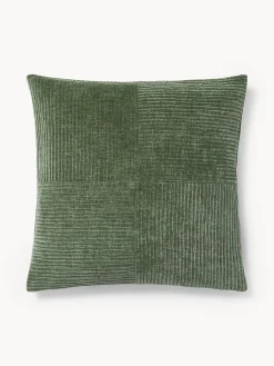 Cojines Decorativos|Cojines Decorativos>Westwing Collection Funda de cojín de terciopelo de estructura lineal fina Fiona Verde oscuro