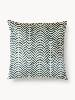 Cojines Decorativos|Mantas>Westwing Collection Funda de cojín de viscosa estampada en tejido jacquard Hayden Azul petróleo con rayas finas