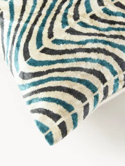 Cojines Decorativos|Mantas></noscript>Westwing Collection Funda de cojín de viscosa estampada en tejido jacquard Hayden Azul petróleo con rayas finas