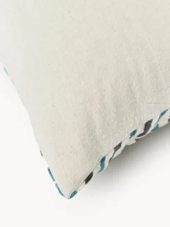 Cojines Decorativos|Mantas></noscript>Westwing Collection Funda de cojín de viscosa estampada en tejido jacquard Hayden Azul petróleo con rayas finas