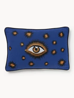 Cojines Decorativos|Mantas>Les Ottomans Funda de cojín decorativo de algodón artesanal Velvety Azul real, beige