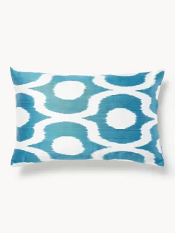 Mantas|Cojines Decorativos>Les Ottomans Funda de cojín decorativo de seda con estampado abstracto Silky Azul, beige claro