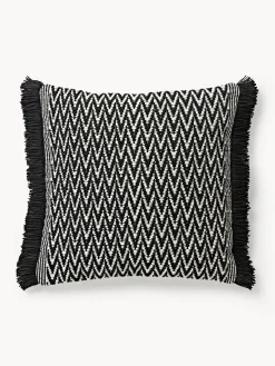 Cojines De Exterior|Cojines Decorativos>Westwing Collection Funda de cojín para exterior con tejido artesanal y flecos Suria Negro, Off White