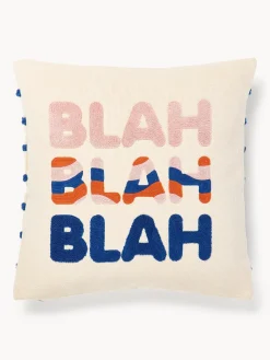 Sale Funda de cojín reversible con inscripción bordada Blah Blah Mantas|Cojines Decorativos