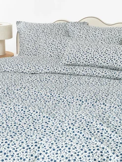 Mantas|Fundas Nórdicas>Westwing Collection Funda nórdica de algodón lavado con fino estampado floral Nolana Azul oscuro, blanco