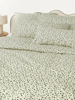 Fundas Nórdicas|Mantas>Westwing Collection Funda nórdica de algodón lavado con fino estampado floral Nolana Verde oliva, blanco Off White