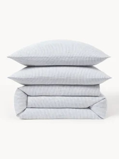 Mantas|Fundas Nórdicas></noscript>Westwing Collection Funda nórdica de lino lavado con rayas finas Rinna Gris azulado, blanco