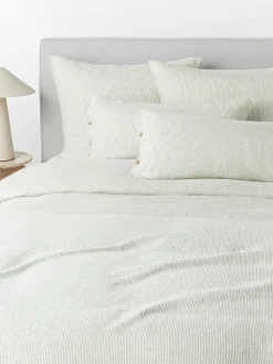 Mantas|Fundas Nórdicas>Westwing Collection Funda nórdica de lino lavado con rayas finas Rinna Verde oliva, blanco