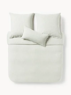 Mantas|Fundas Nórdicas>Westwing Collection Funda nórdica de lino lavado con rayas finas Rinna Verde oliva, blanco