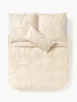 Mantas|Fundas Nórdicas>Westwing Collection Funda nórdica de percal con decoración de penachos Madeline Beige claro