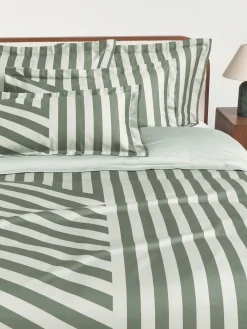 Mantas|Fundas Nórdicas>Westwing Collection Funda nórdica de satén a rayas con dobladillo Brendan Verde salvia, verde oscuro
