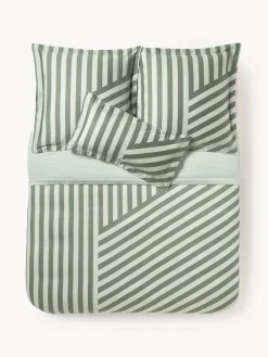 Mantas|Fundas Nórdicas>Westwing Collection Funda nórdica de satén a rayas con dobladillo Brendan Verde salvia, verde oscuro
