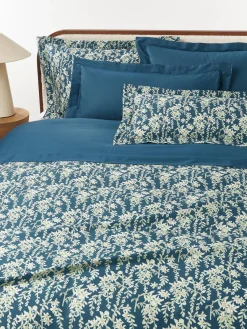 Fundas Nórdicas|Mantas>Westwing Collection Funda nórdica de satén estampado Leticia Azul petróleo, beige claro, verde