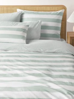Mantas|Fundas Nórdicas>Westwing Collection Funda nórdica doble cara de algodón a rayas Lorena Verde salvia, blanco