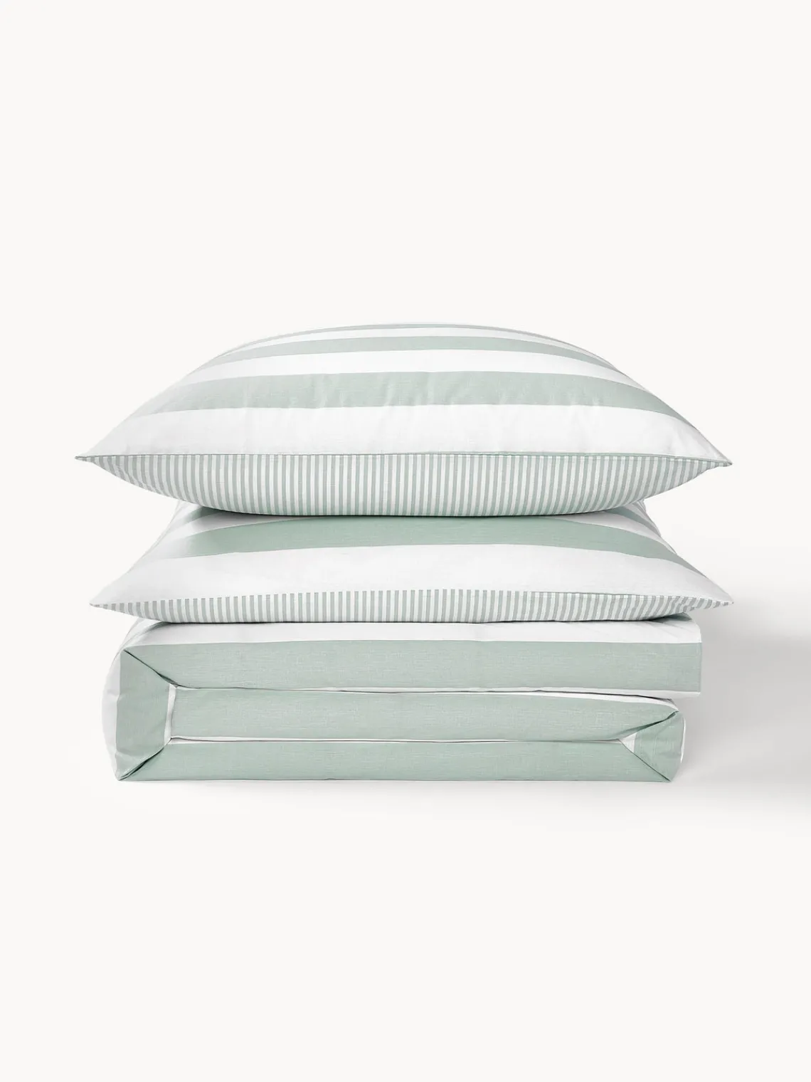 Mantas|Fundas Nórdicas>Westwing Collection Funda nórdica doble cara de algodón a rayas Lorena Verde salvia, blanco