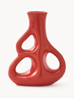 Jarrones|Decoración>POLSPOTTEN Jarrón de cerámica artesanal Three Ears, Al 21 cm Rojo coral