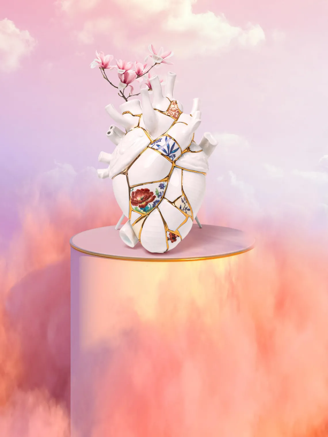 Jarrones|Jarrones>SELETTI Jarrón de porcelana con decoración dorada Love in Bloom, 25 cm Blanco brillante, multicolor