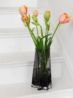 Jarrones|Jarrones>Cooee Design Jarrón de vidrio soplado artesanalmente con relieves Gry, 30 cm Gris antracita semi-transparente