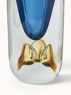 Jarrones|Jarrones></noscript>Westwing Collection Jarrón de vidrio soplado Tyron, 33 cm Azul oscuro, ocre, transparente